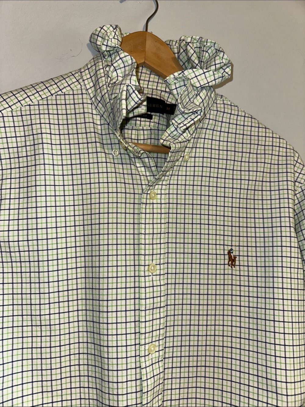 Ralph Lauren Green and Navy Check Ruffled collar shirt